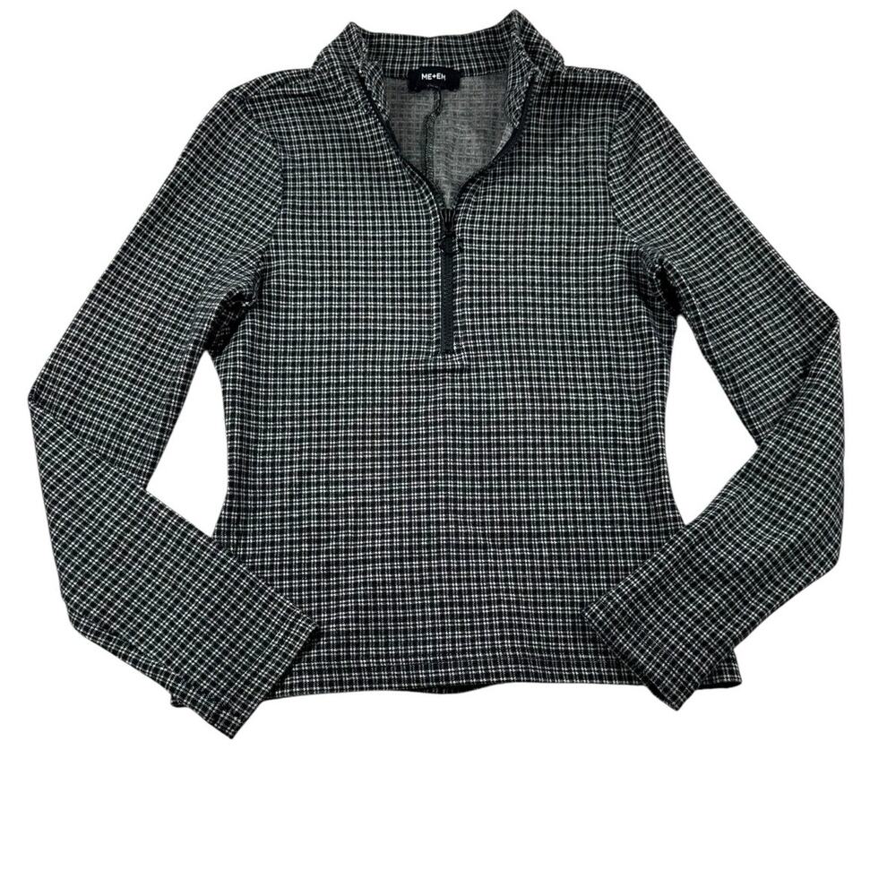 ME EM Check Ponte Zip Up Top US 4 Black White Houndstooth Long Sleeve Pullover